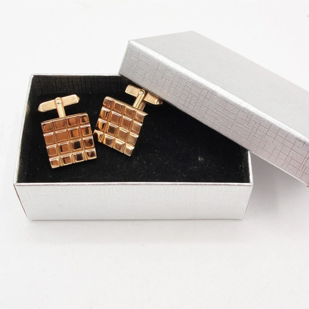 Vintage Swank Gold Tone Waffle Square Cufflinks Geometric Grid Block Pattern MCM